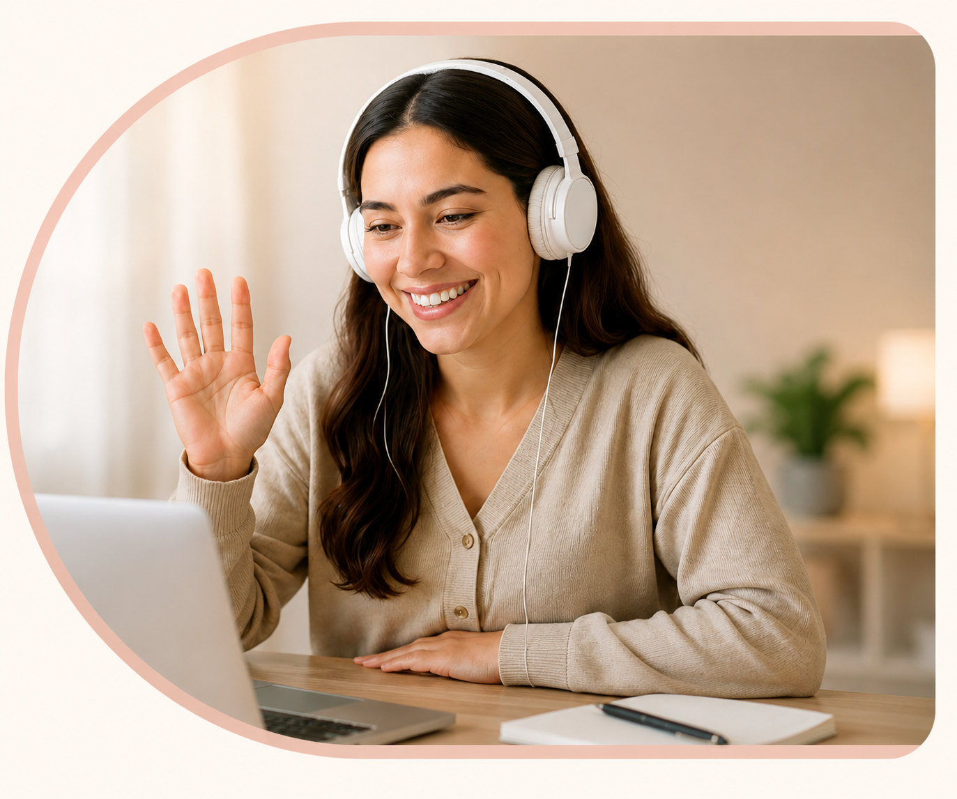 A smiling student waving during an online Spanish class with headphones on