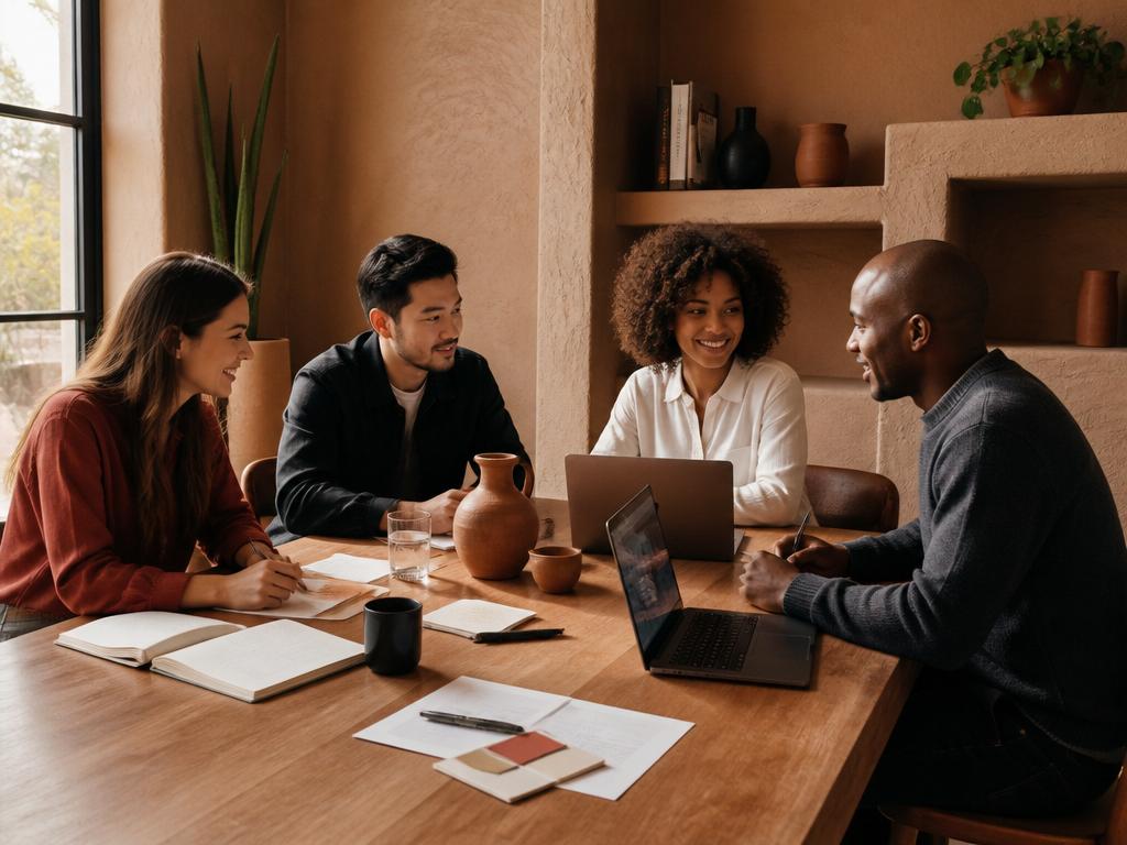 Diverse team collaborating around a warm wooden table